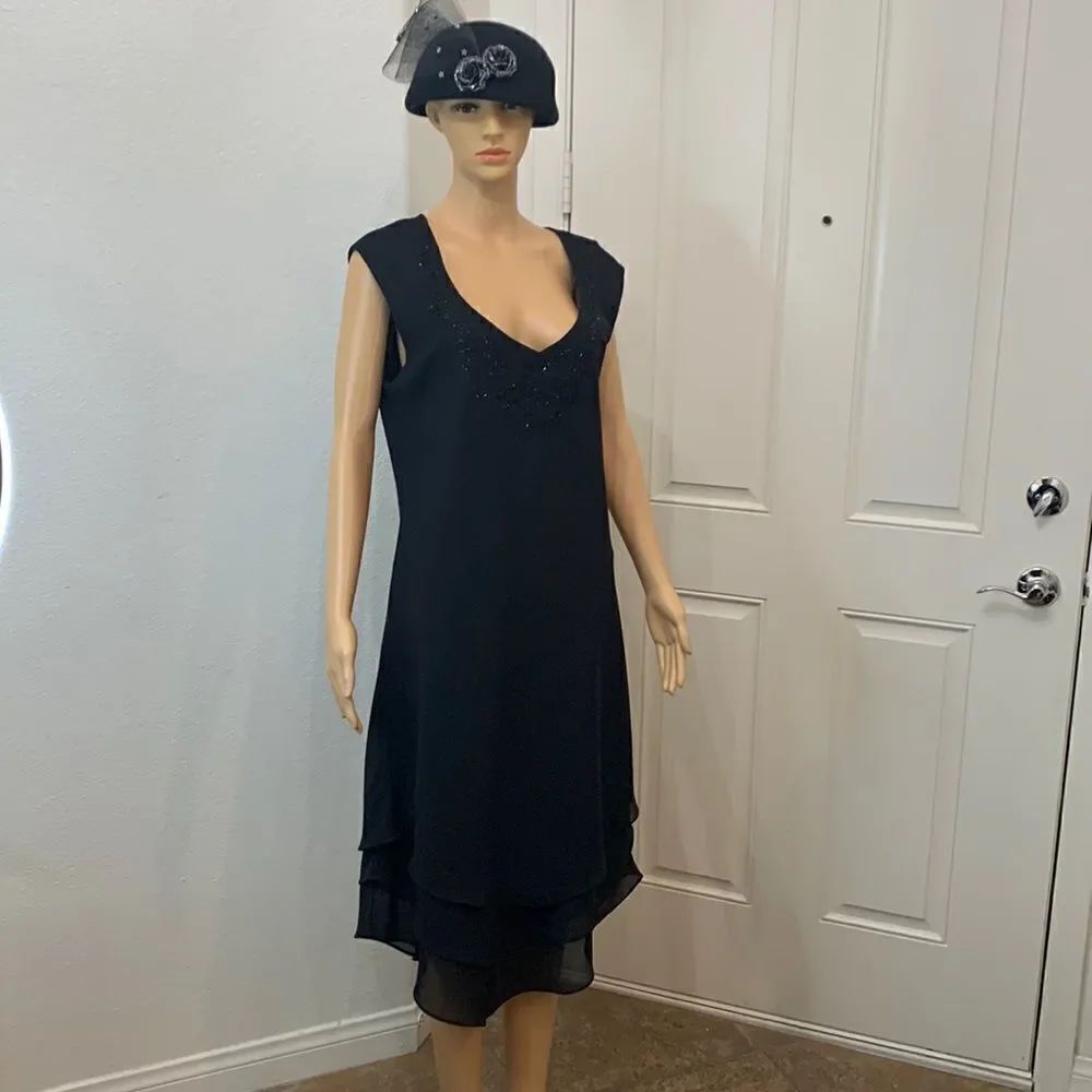 Serene Size 16 Little Black V Neck Short Sleeve Ruffled Layered Beaded Dress